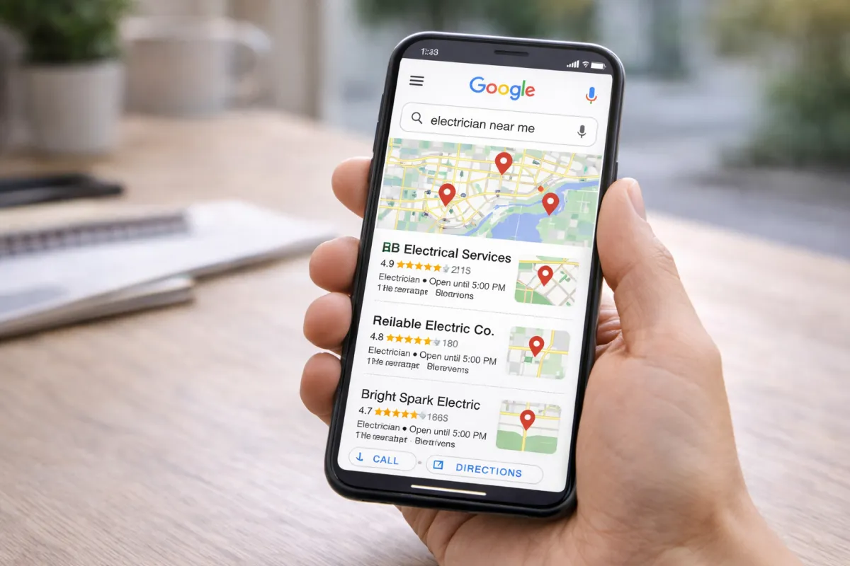 Phone showing Google Maps results with star ratings and review counts