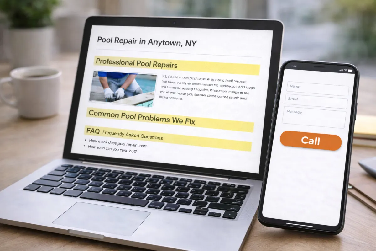 Laptop showing a local service page layout next to a phone with a call button