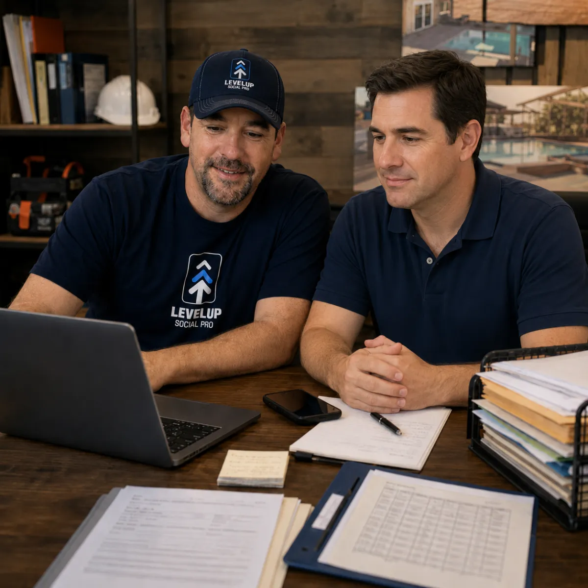 Greg reviewing an online growth dashboard with a local service business owner