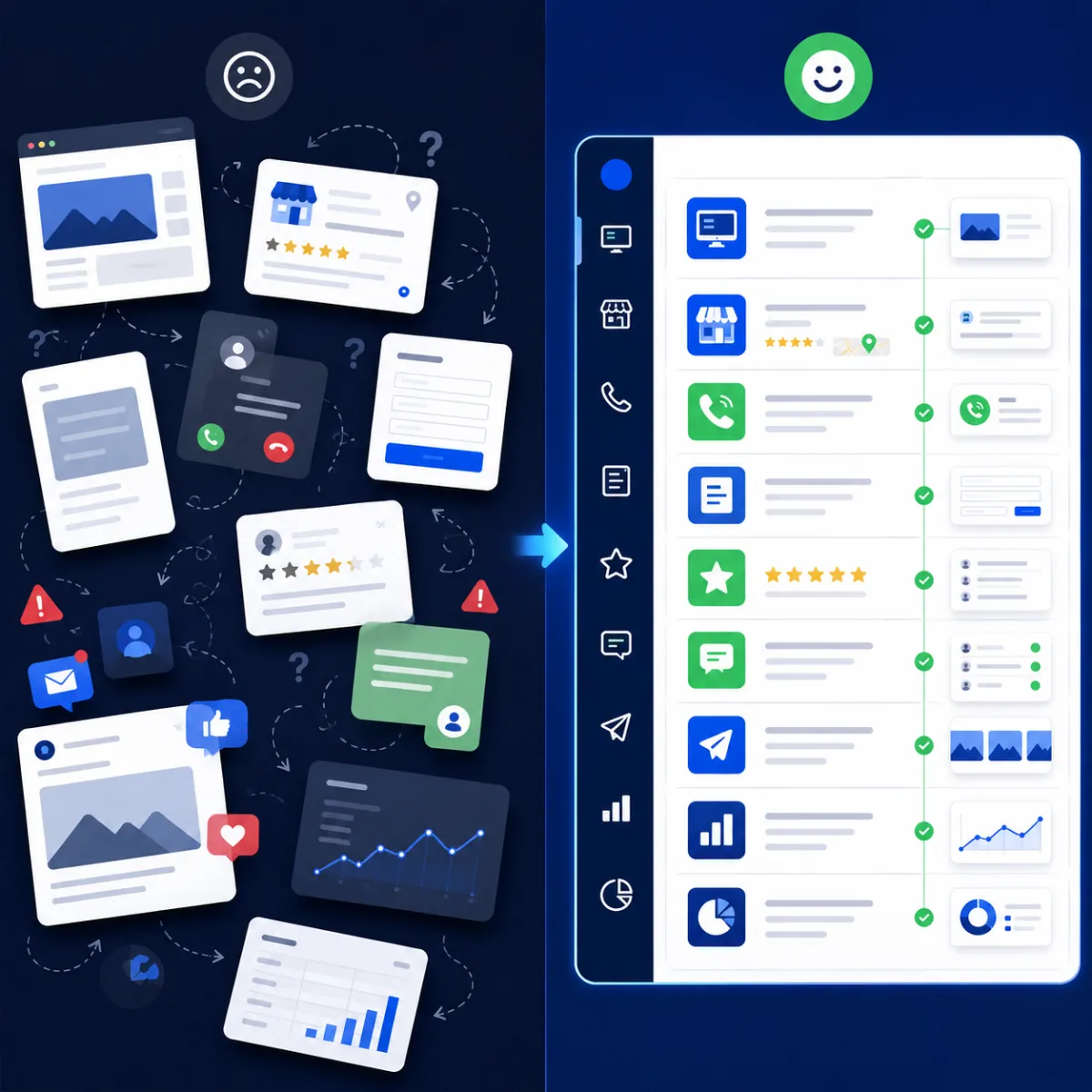 Scattered online presence vs organised BusinessBuddy360 system