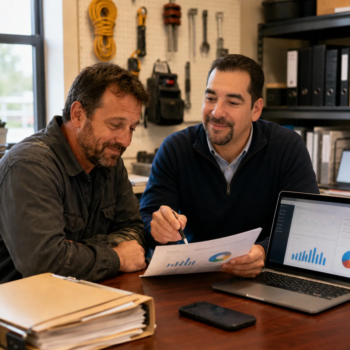 Local service business owner reviewing a simple report with a consultant