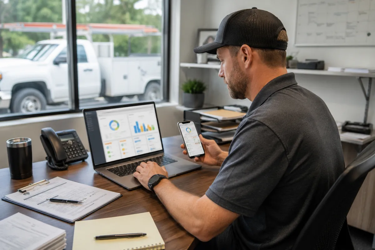 Contractor reviewing lead generation and automation dashboard for booked jobs.