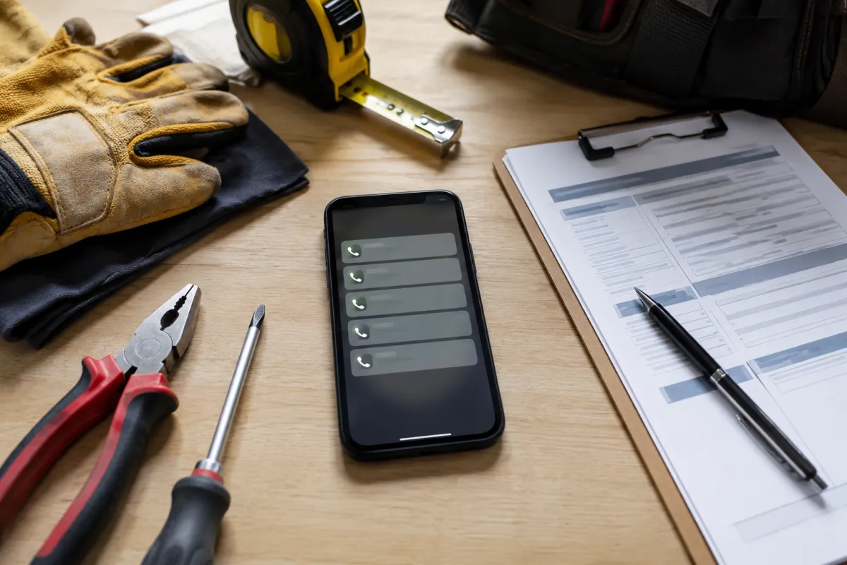 Contractor phone with missed calls beside job tools and paperwork