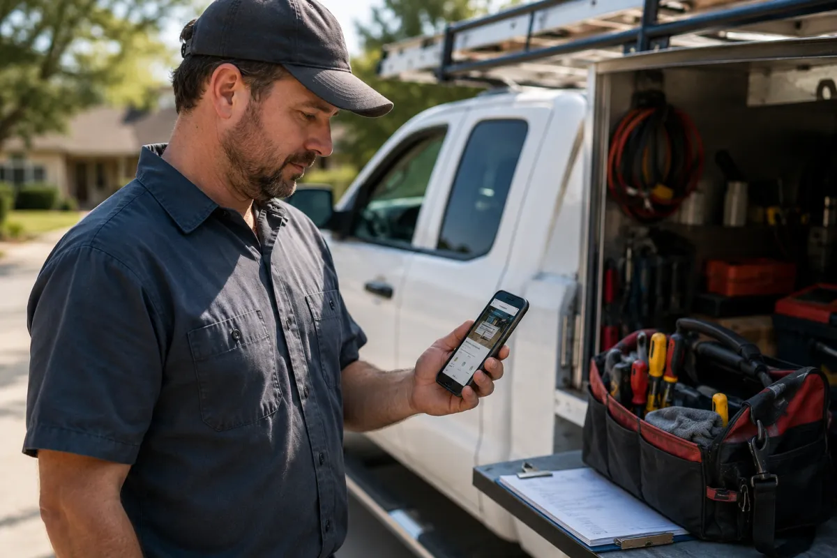Contractor reviewing a mobile website beside work tools and a service truck.