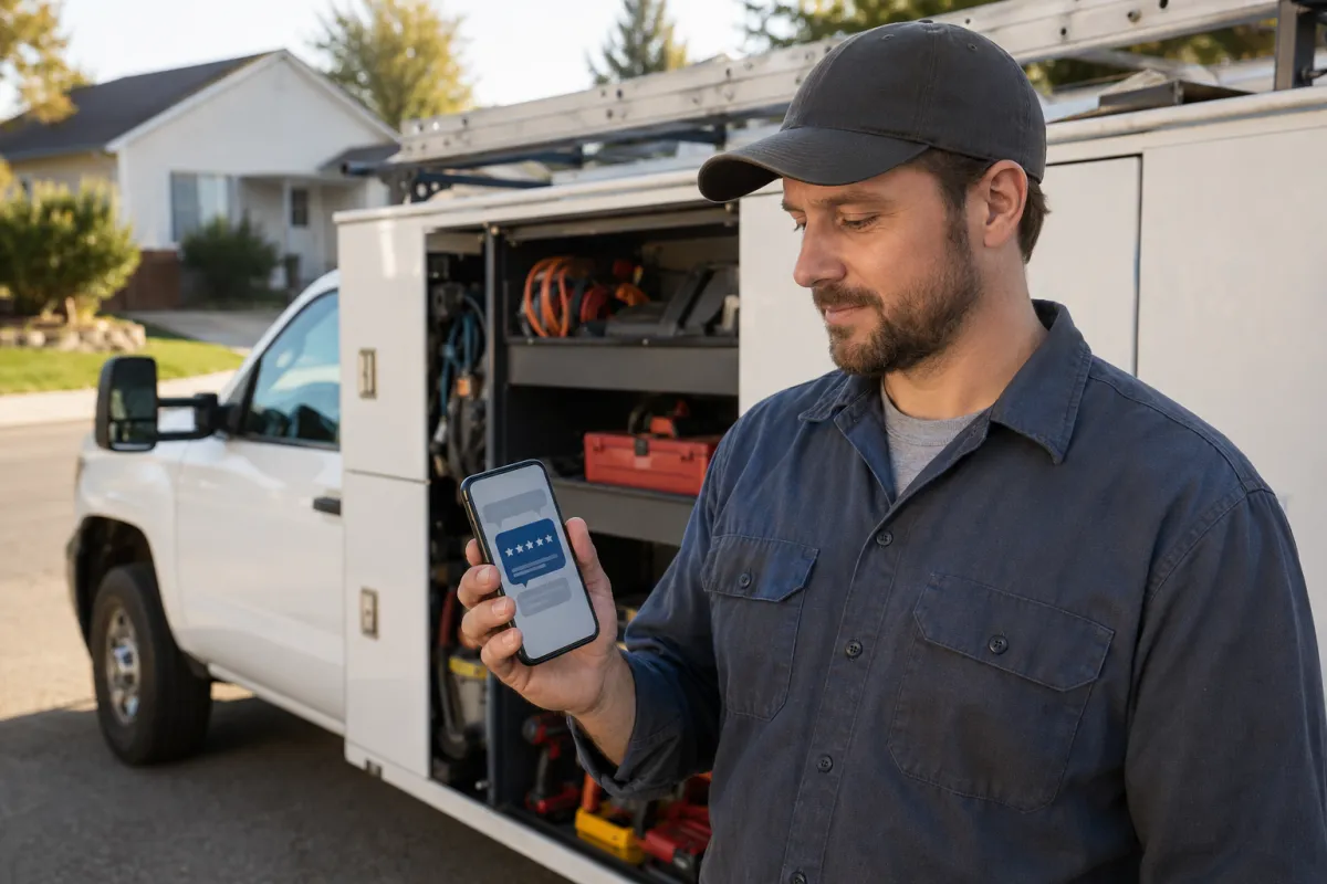 Home service contractor reviewing a customer feedback request after completing a job