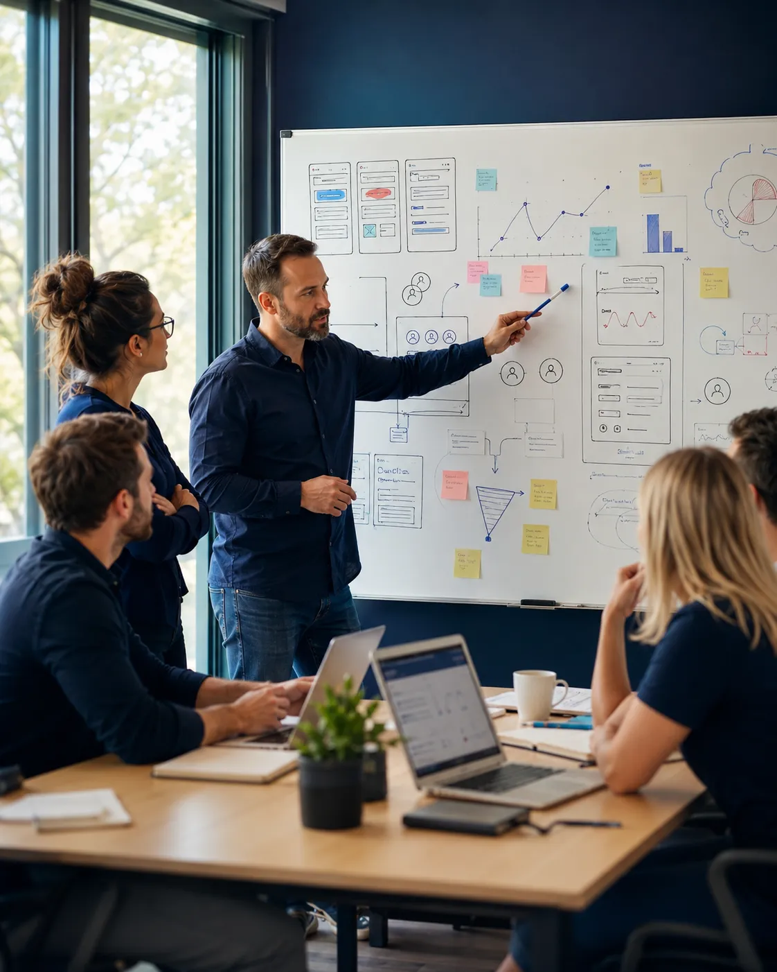 Team analyzing data on whiteboard
