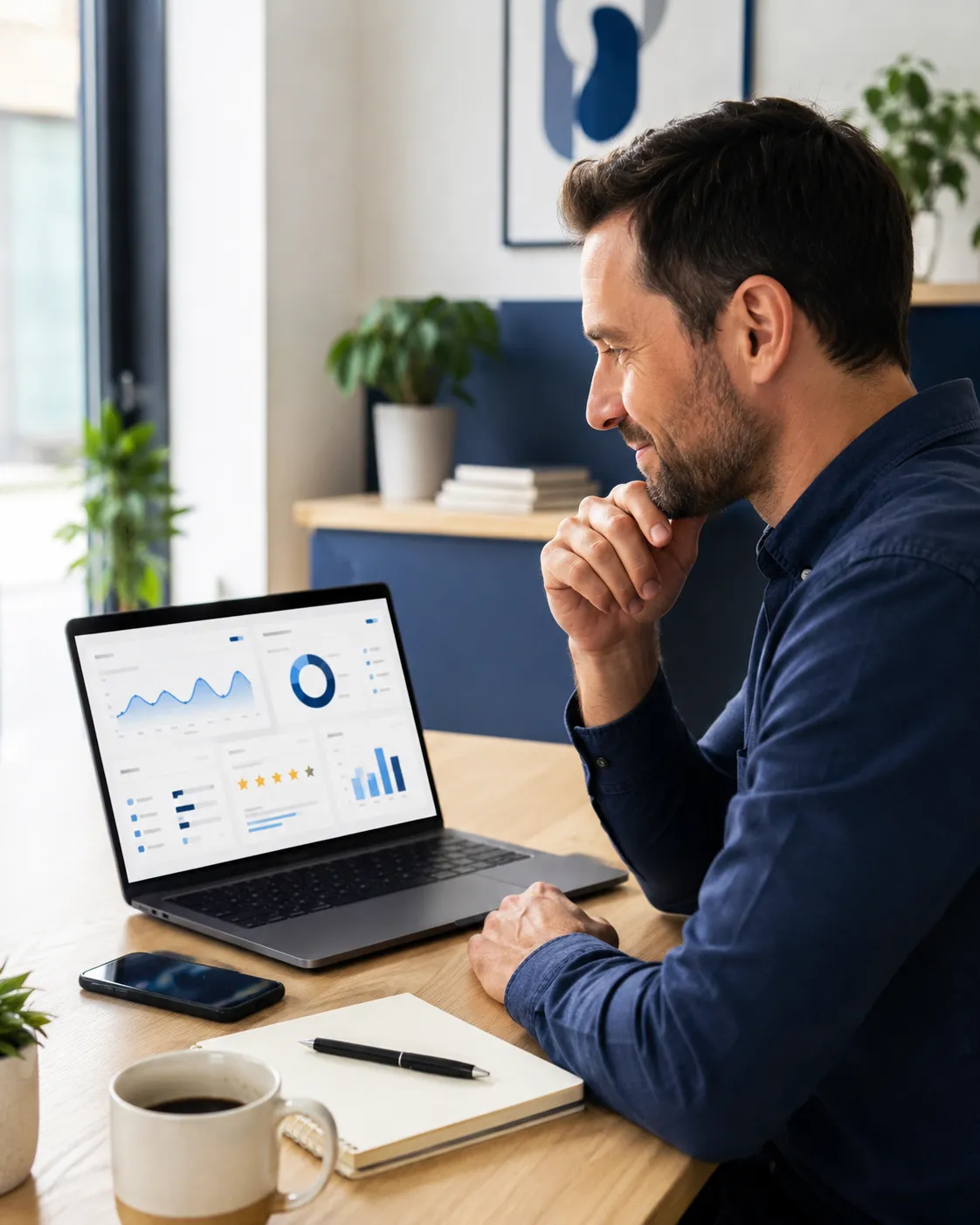 Small business owner reviewing online visibility and growth results on a laptop.