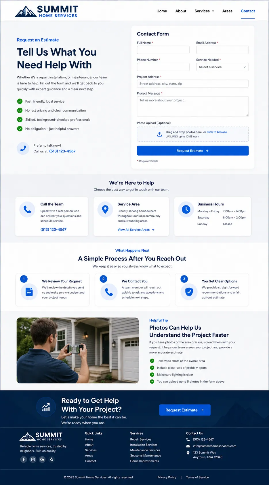 Contractor Growth Website Contact page mockup with estimate request form