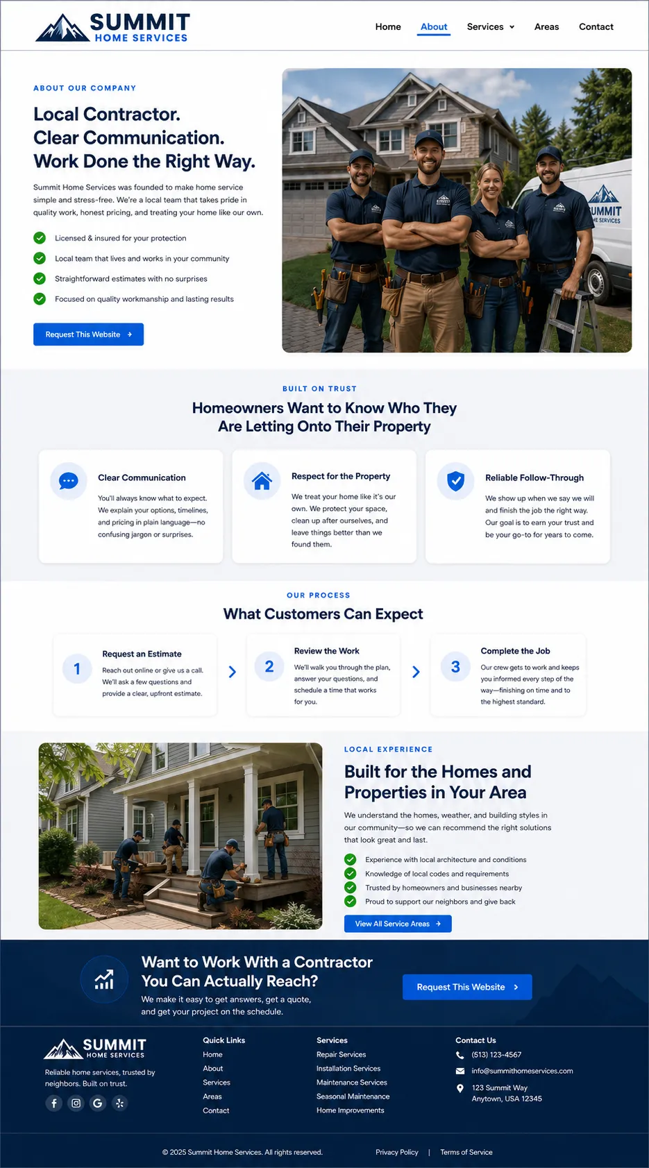Contractor Growth Website About page mockup with trust and process sections