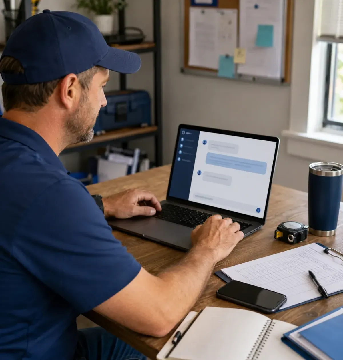 Busy local service business owner using an AI Google profile consultant