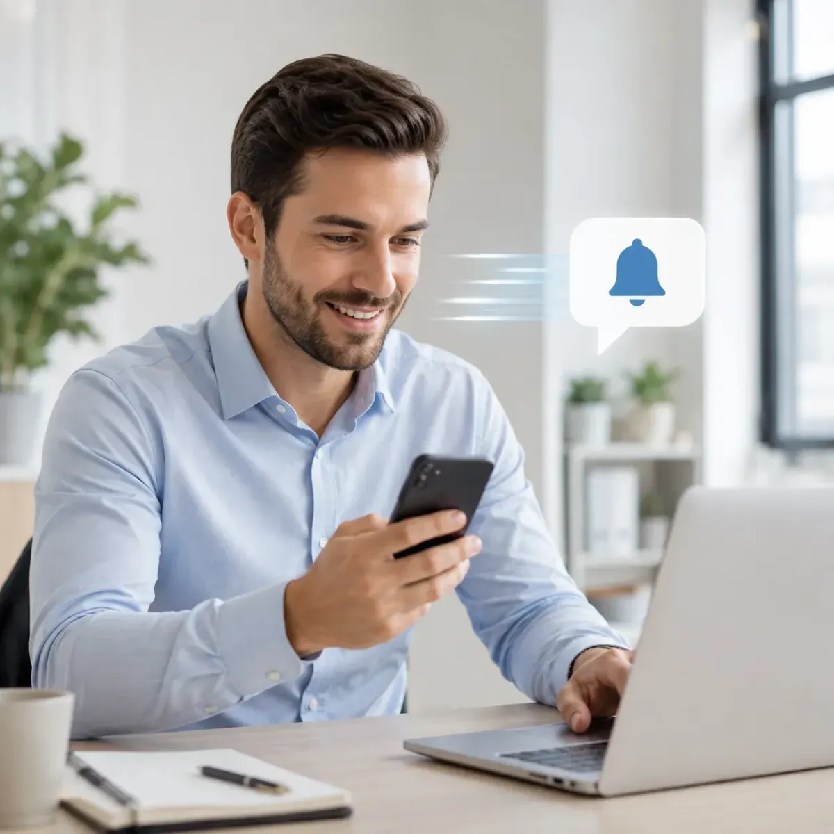 Business professional responding quickly after receiving a new lead notification.
