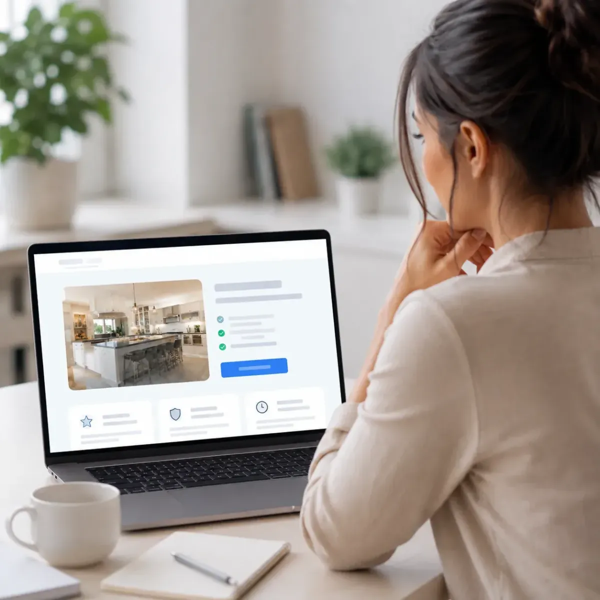 Customer reviewing a clear home service landing page on a laptop.