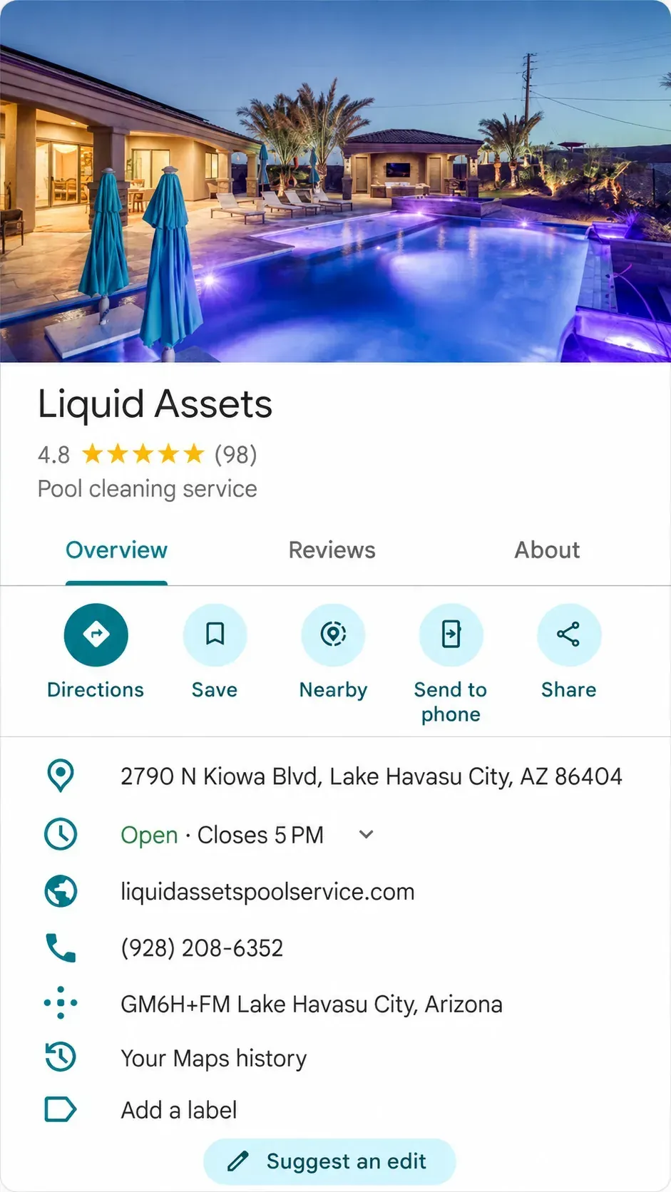 Pool service company optimized Google Business Profile