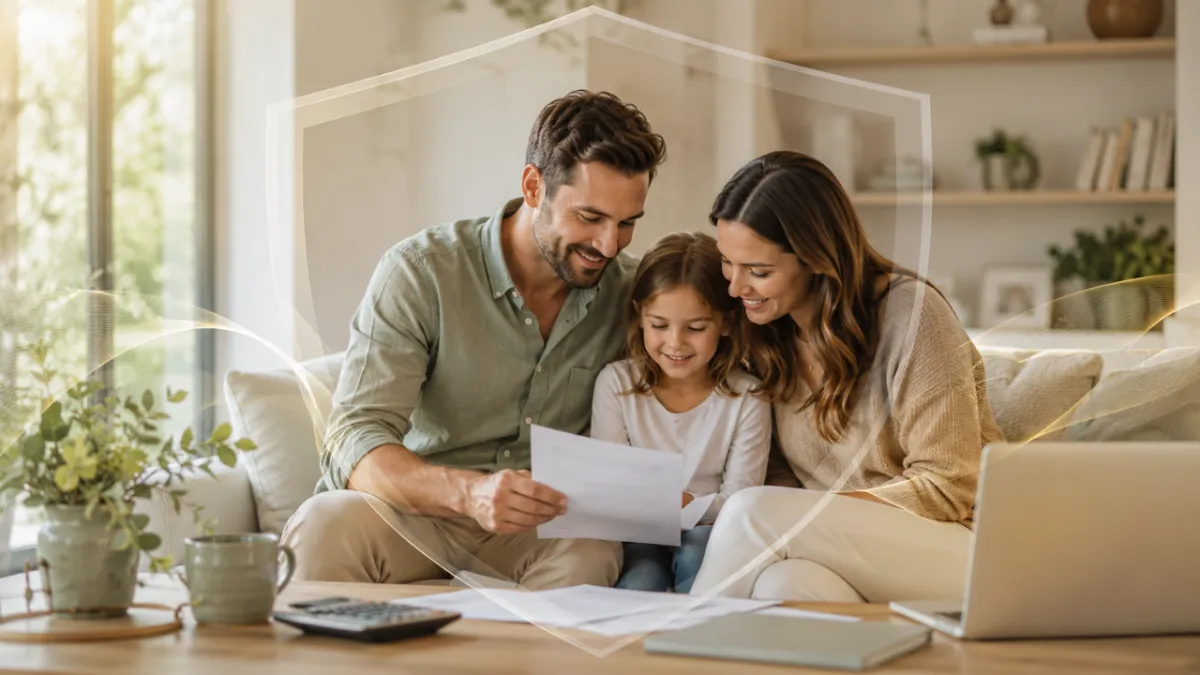 Family reviewing life insurance documents at home as part of financial protection and long-term planning.