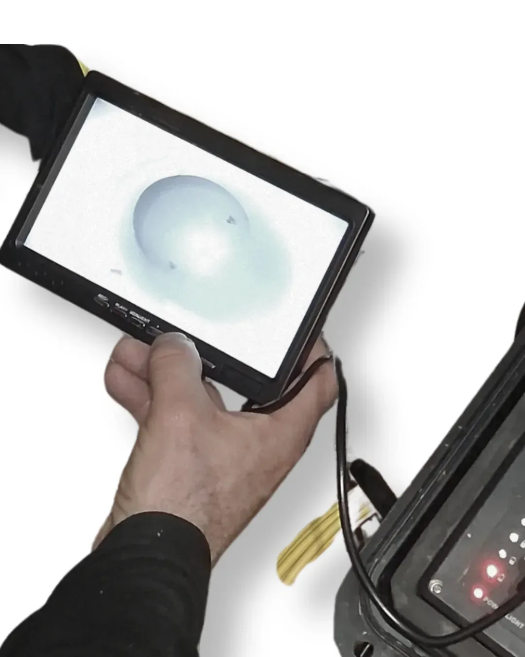 Kamerás csővizsgálat beltérben, monitoron látható csőbelső kép a hibák kizárására és pontosításra.