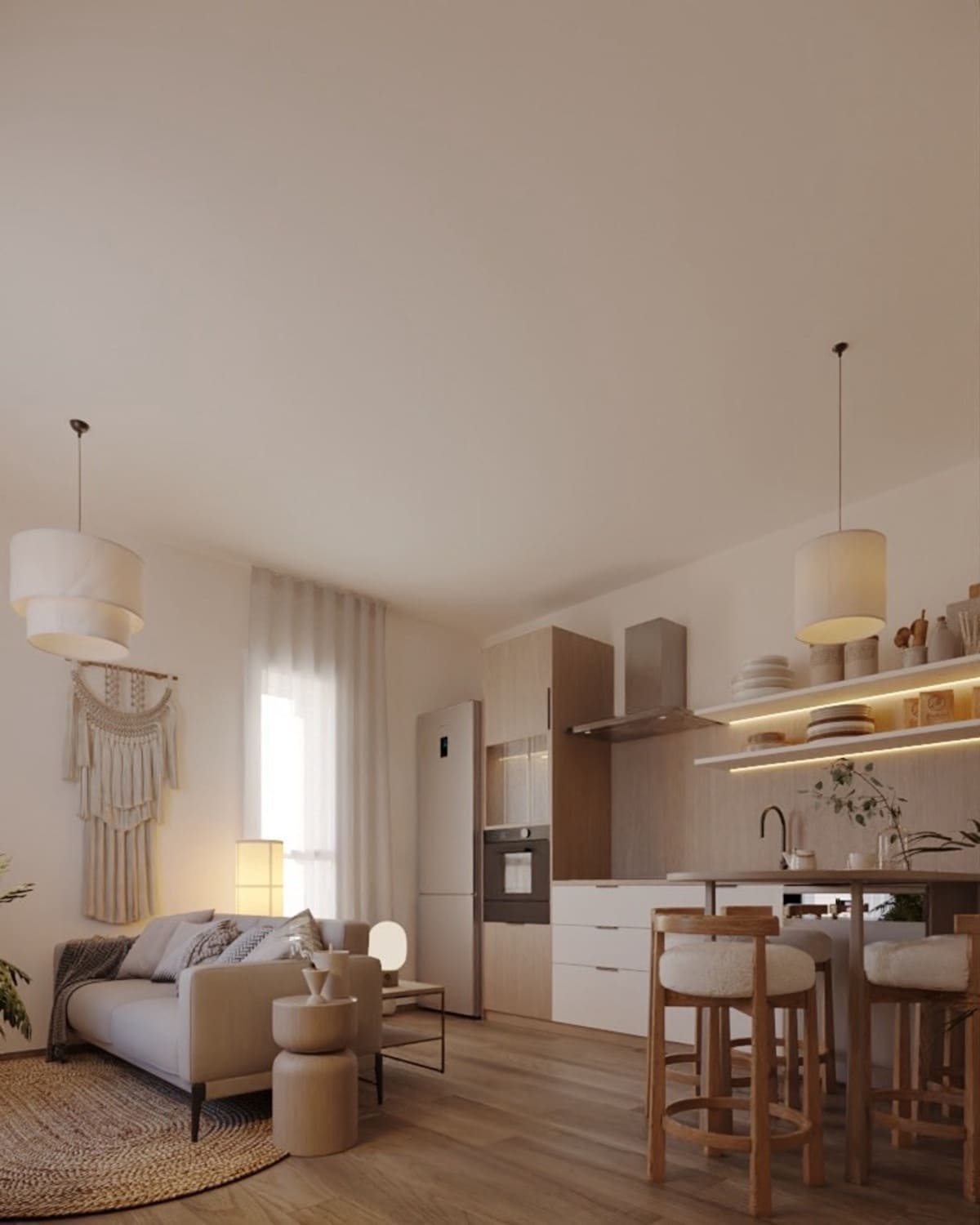 Intérieur d'appartement rénové : séjour avec cuisine ouverte, finitions soignées par un maître d'œuvre