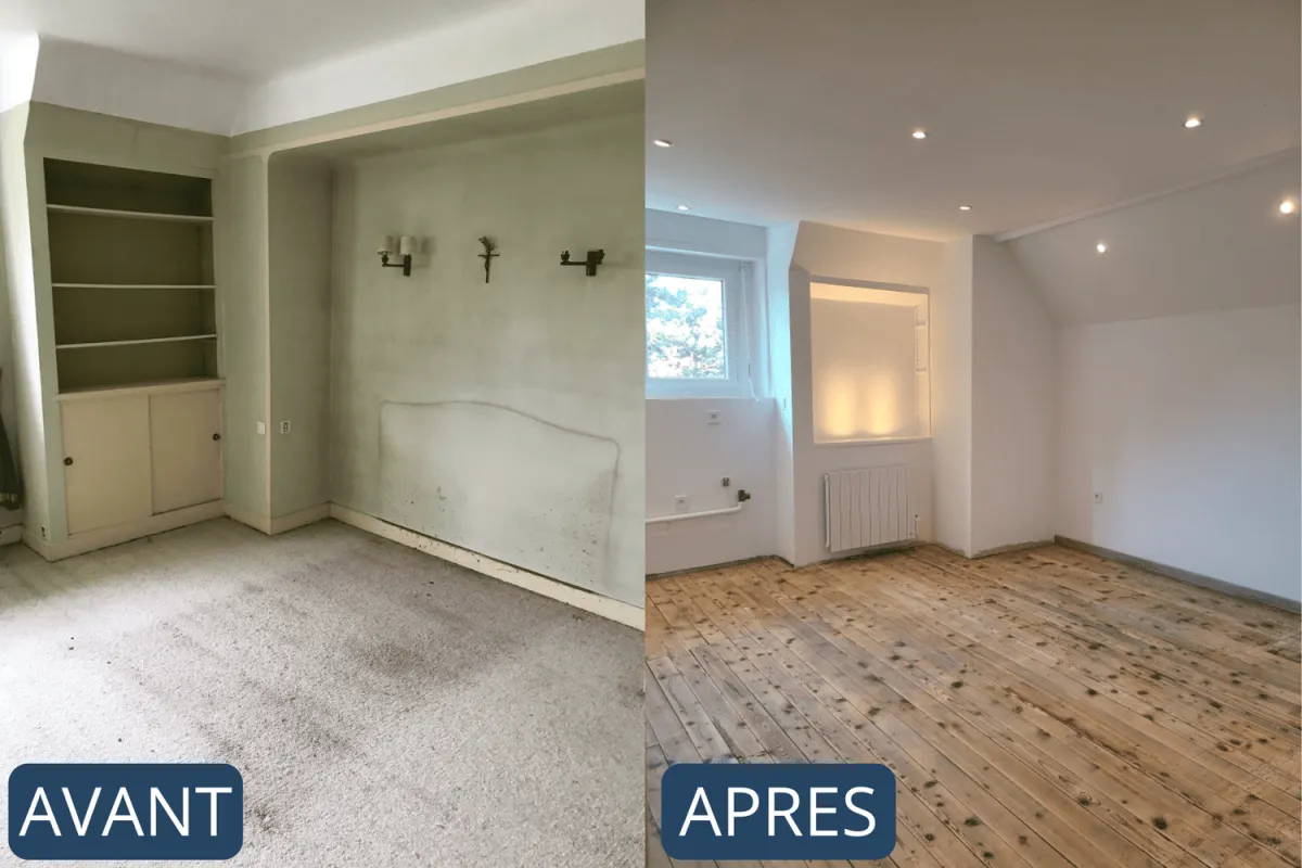 Avant-après rénovation d'un appartement par MS Promotion : pièce vétuste transformée en séjour moderne avec parquet