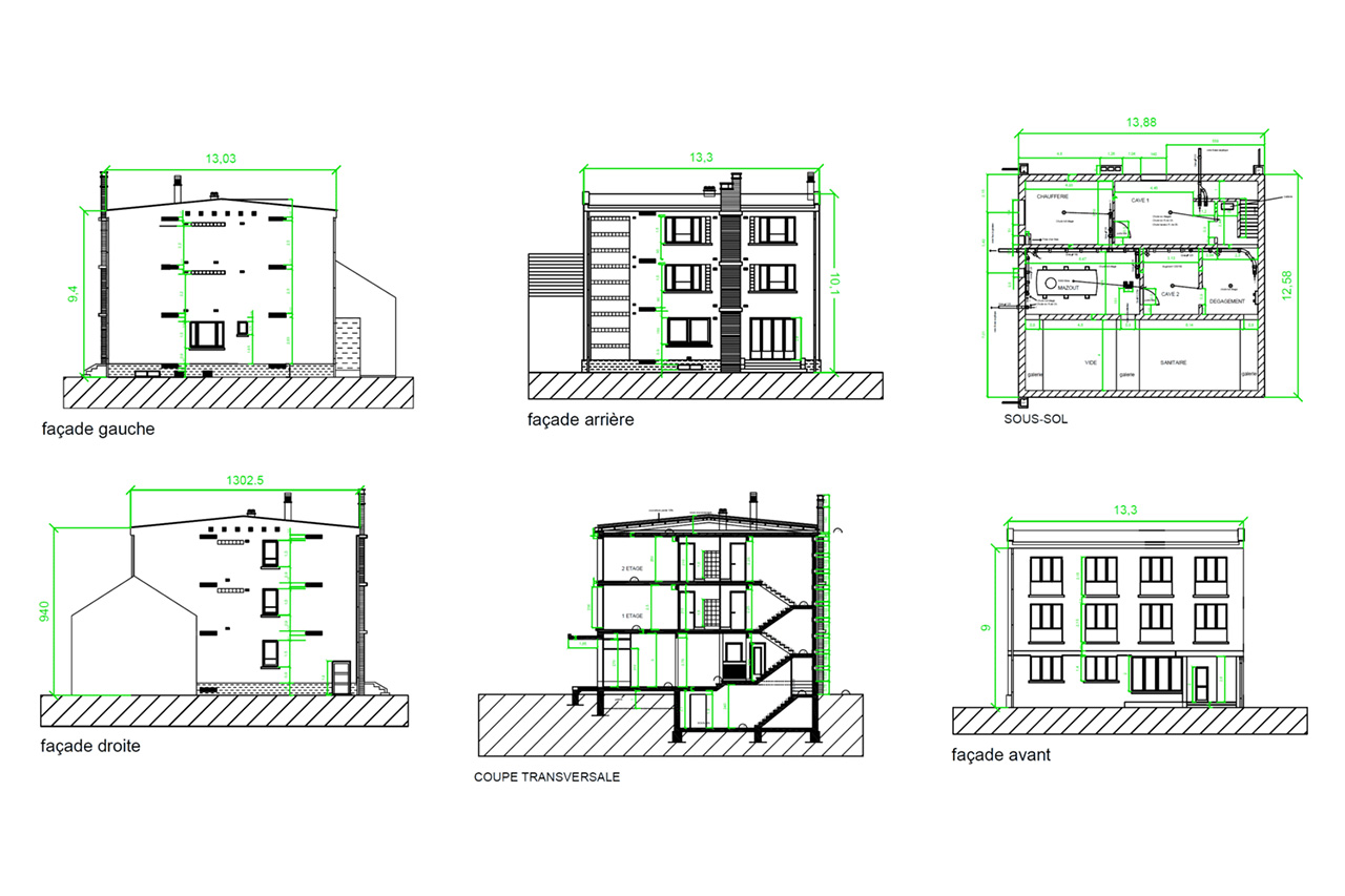 Plans techniques d'un projet de rénovation : façades, coupes et sous-sol réalisés en phase conception