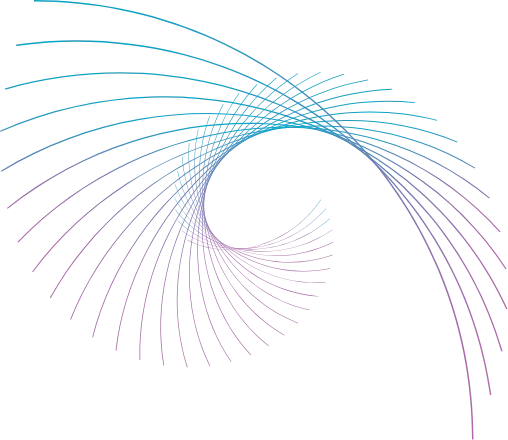 A colorful, swirling geometric design with intertwined lines forming a spiral pattern. The lines change color from blue at the top to purple at the bottom, creating a gradient effect against a black background.