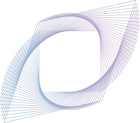 A geometric design of interlocking purple and blue lines forming a dynamic, abstract shape that resembles a twisted square or a distorted circle. The lines create a sense of movement and depth, with color gradients adding to the visual interest.