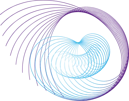 An abstract graphic featuring interwoven, swirling lines in shades of purple and blue, forming a complex, symmetrical pattern reminiscent of a spirograph design. The lines create a sense of depth and motion against a transparent background.