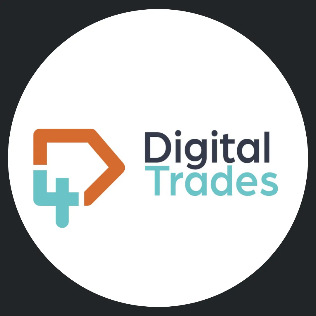 Logo for Digital Trades on a white circular background with a dark border. The logo features an orange and teal arrow forming the number 4 beside the words "Digital Trades" in bold, with "Digital" in dark blue and "Trades" in teal.