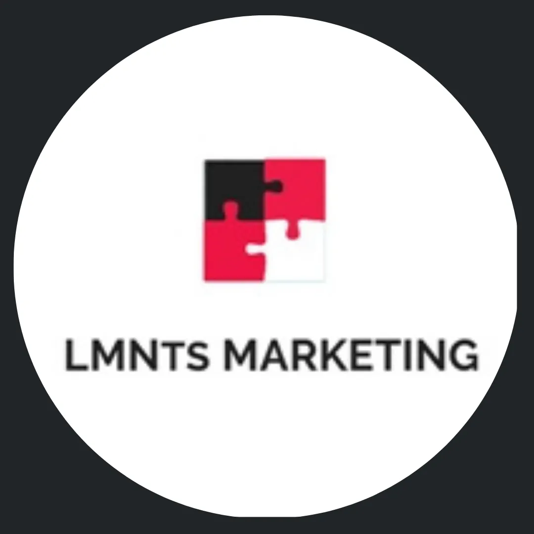 A logo for LMNTS Marketing featuring a square composed of four interlocking puzzle pieces in black, red, and white. The company name "LMNTS MARKETING" is written in capital letters below the puzzle design. The background is a circular white field.