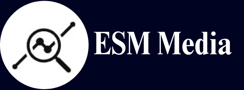 A logo for ESM Media featuring a white circle with a black outline. Inside the circle is a magnifying glass with a line graph going through the magnifying glass indicating success. The text "ESM Media" is to the right of the circle in white font against a black background.