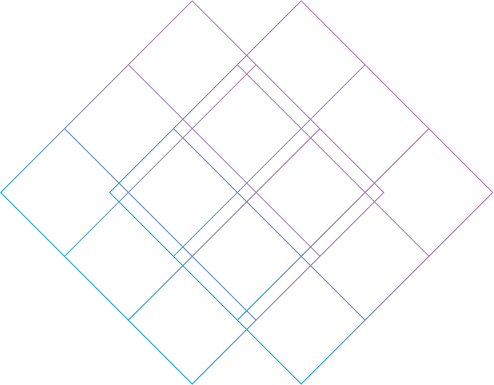 A geometric pattern consisting of several overlapping squares. The squares are outlined with gradient lines transitioning from pink to blue, creating a layered and interconnected design on a black background.