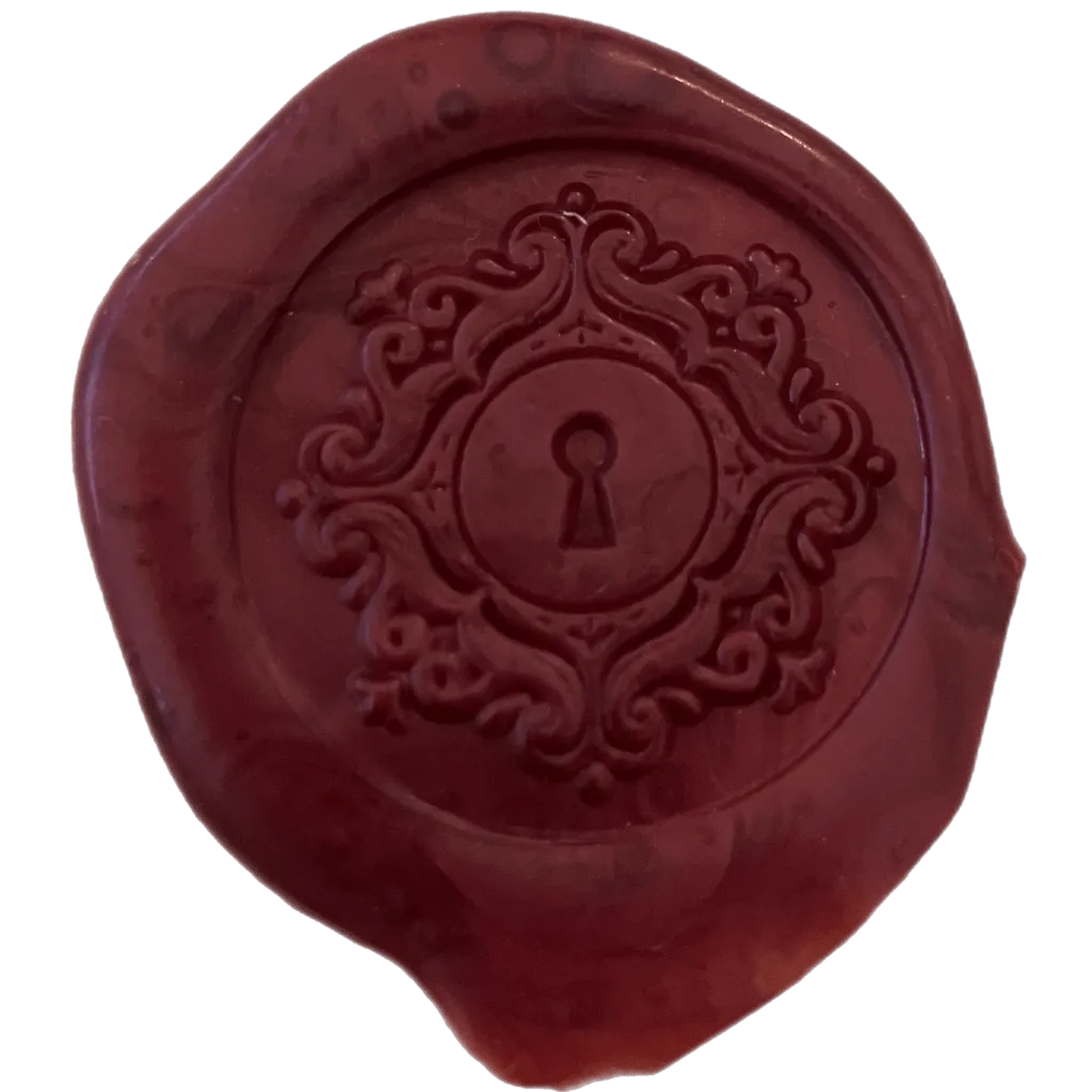 Deep burgundy wax seal with an ornate circular pattern and a small keyhole at the center
