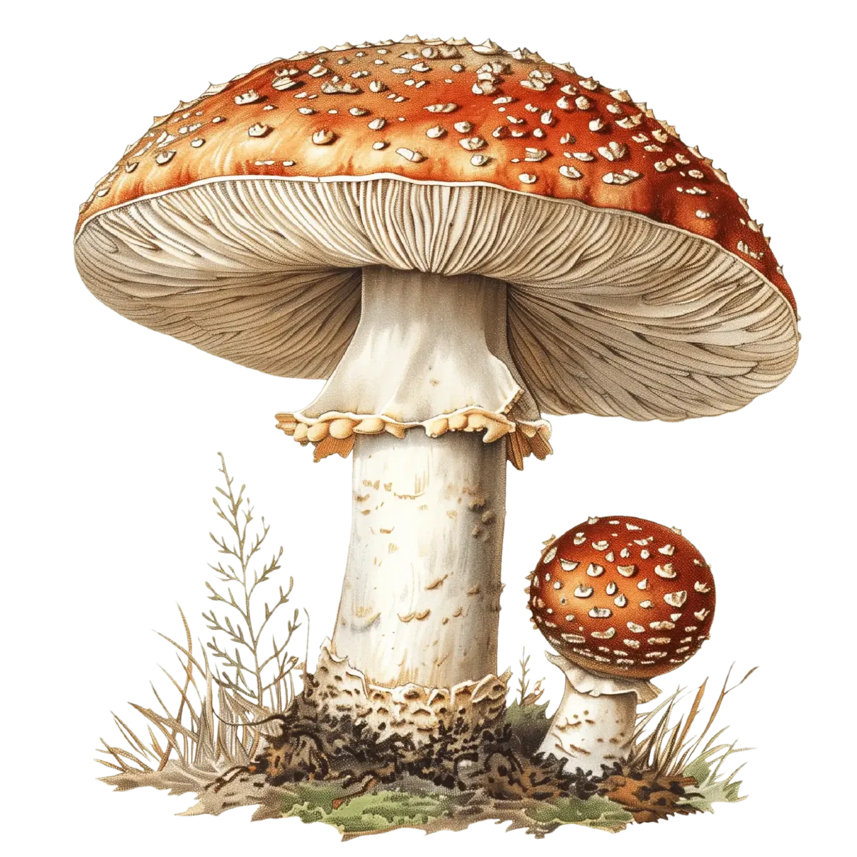 Illustration of a large and small mushroom both with a pale stem and red caps covered in white spots.
