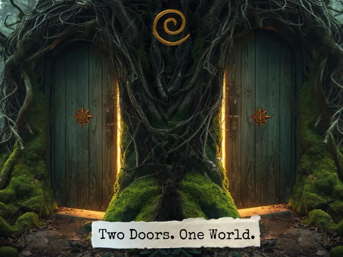 Two tall green wooden doors framed by twisting tree roots and moss, forming a mirrored archway. Warm golden light spills from the cracks around each door, creating a sense of invitation and mystery. Above the doors, a gold reverse spiral emblem (counter-clockwise coil) glows softly — a symbolic threshold marker representing entry, choice, and crossing between worlds. Below, a strip of textured parchment bears the words: ‘Two Doors. One World.