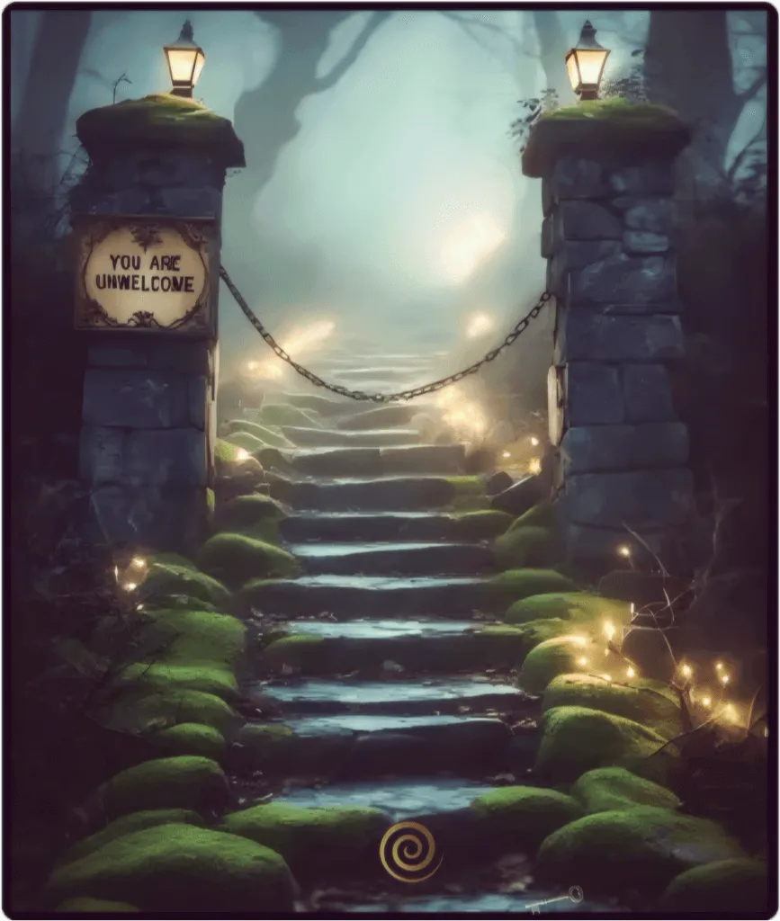 A misty stone staircase lined with moss and glowing fairy lights ascends through a forested threshold. Two weathered stone pillars with lanterns flank the steps, connected by a chain. A wooden sign on the left pillar reads ‘You Are Unwelcome.’ At the base of the steps, a small gold counter-clockwise spiral emblem rests on the path.