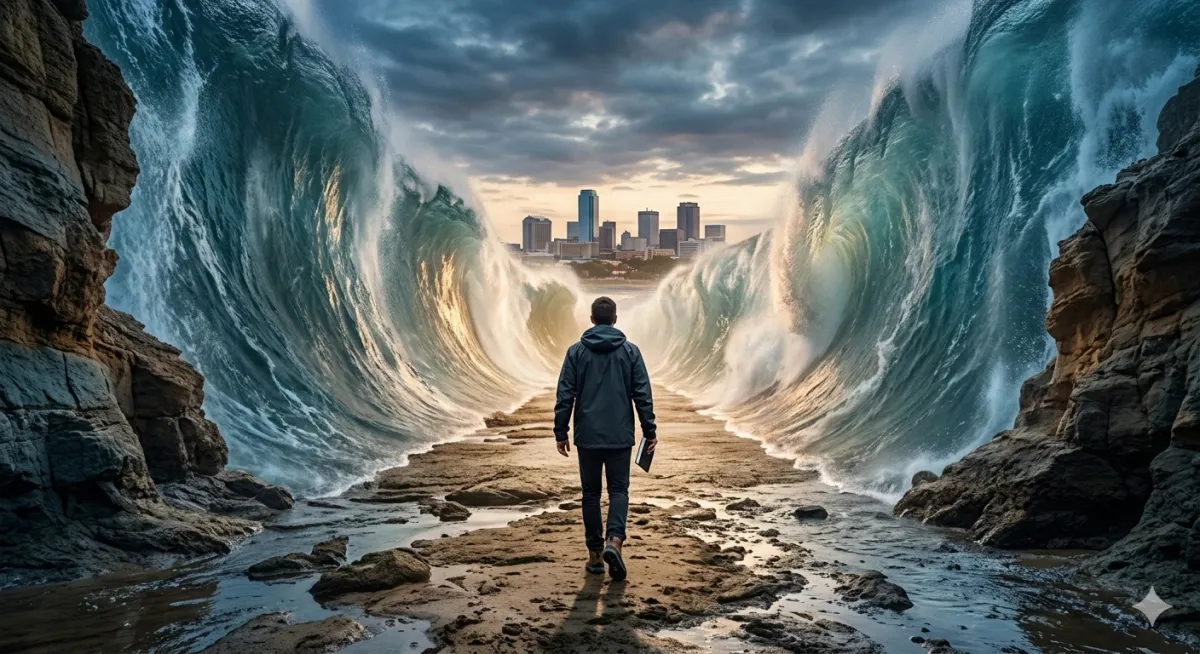 A man walking on a dry path through a dramatic parting of massive ocean waves, with a modern city skyline visible in the distance under a celestial sky.