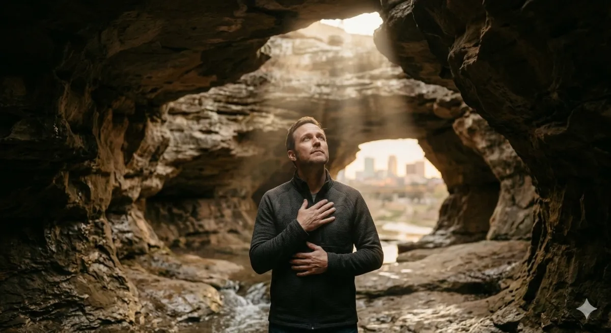A man standing in a natural stone canyon, looking upward with his hands over his heart as warm divine light shines down from above, with a distant city visible through the rock arch.