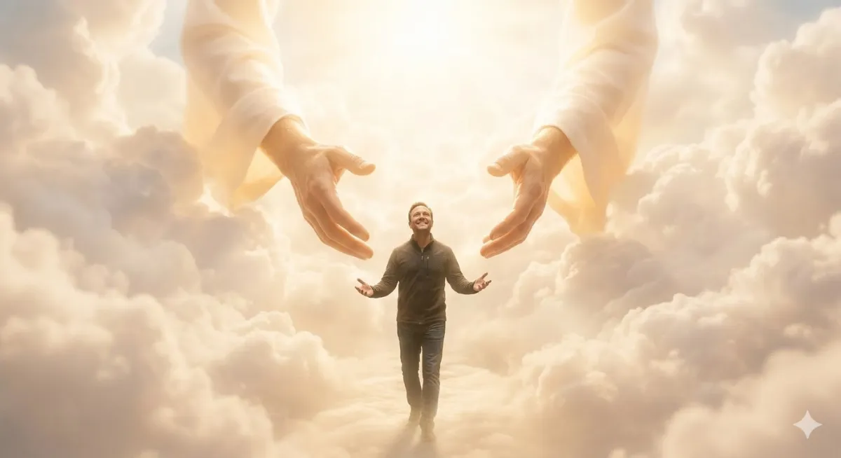 A man walking peacefully through soft, golden-lit clouds toward a pair of massive, welcoming hands reaching down from a bright celestial light in heaven.