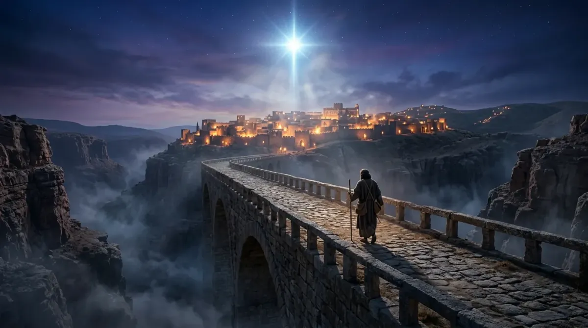 A man walking peacefully through soft, golden-lit clouds toward a pair of massive, welcoming hands reaching down from a bright celestial light in heaven.