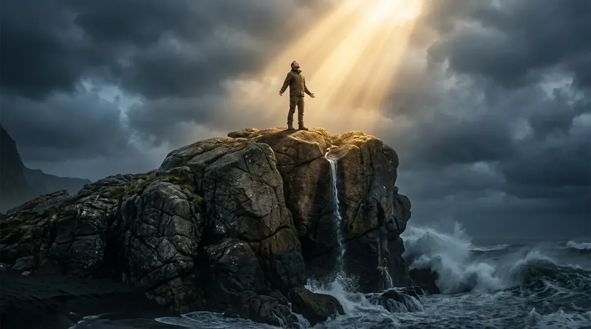 A man walking peacefully through soft, golden-lit clouds toward a pair of massive, welcoming hands reaching down from a bright celestial light in heaven.
