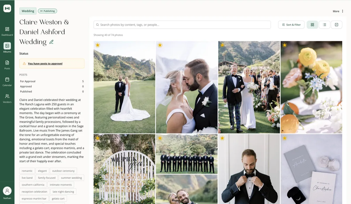 Mockup of the Social Valet application interface showing event details and photos