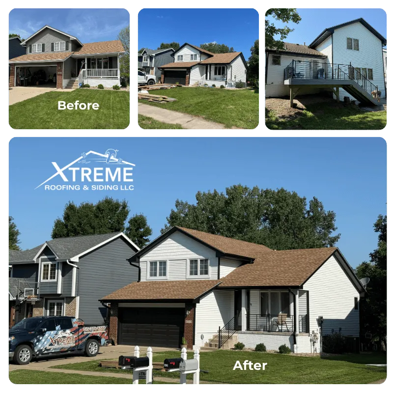 Xtreme Roofing & Siding four image collage of complete siding transformation including new deck and gutters
