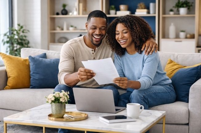 Smiling couple reviewing paperwork together on laptop