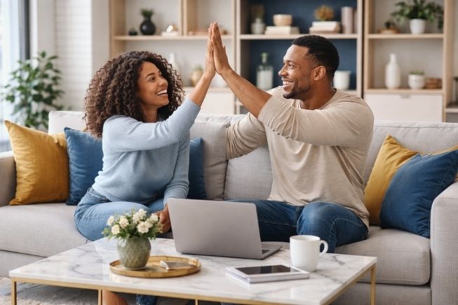Happy couple celebrating financial relief after reviewing documents