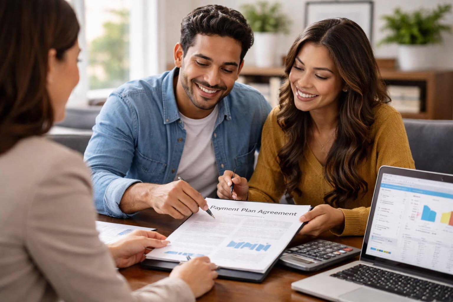 Hispanic couple meeting with tax professional to review payment arrangement options.