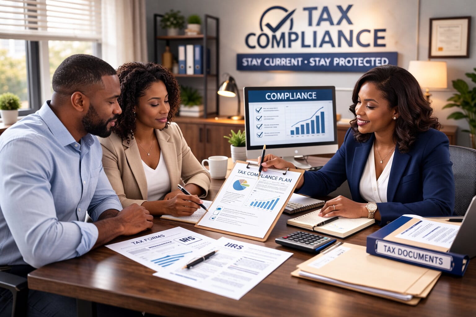 African American tax professional reviewing documents with client to restore tax compliance.