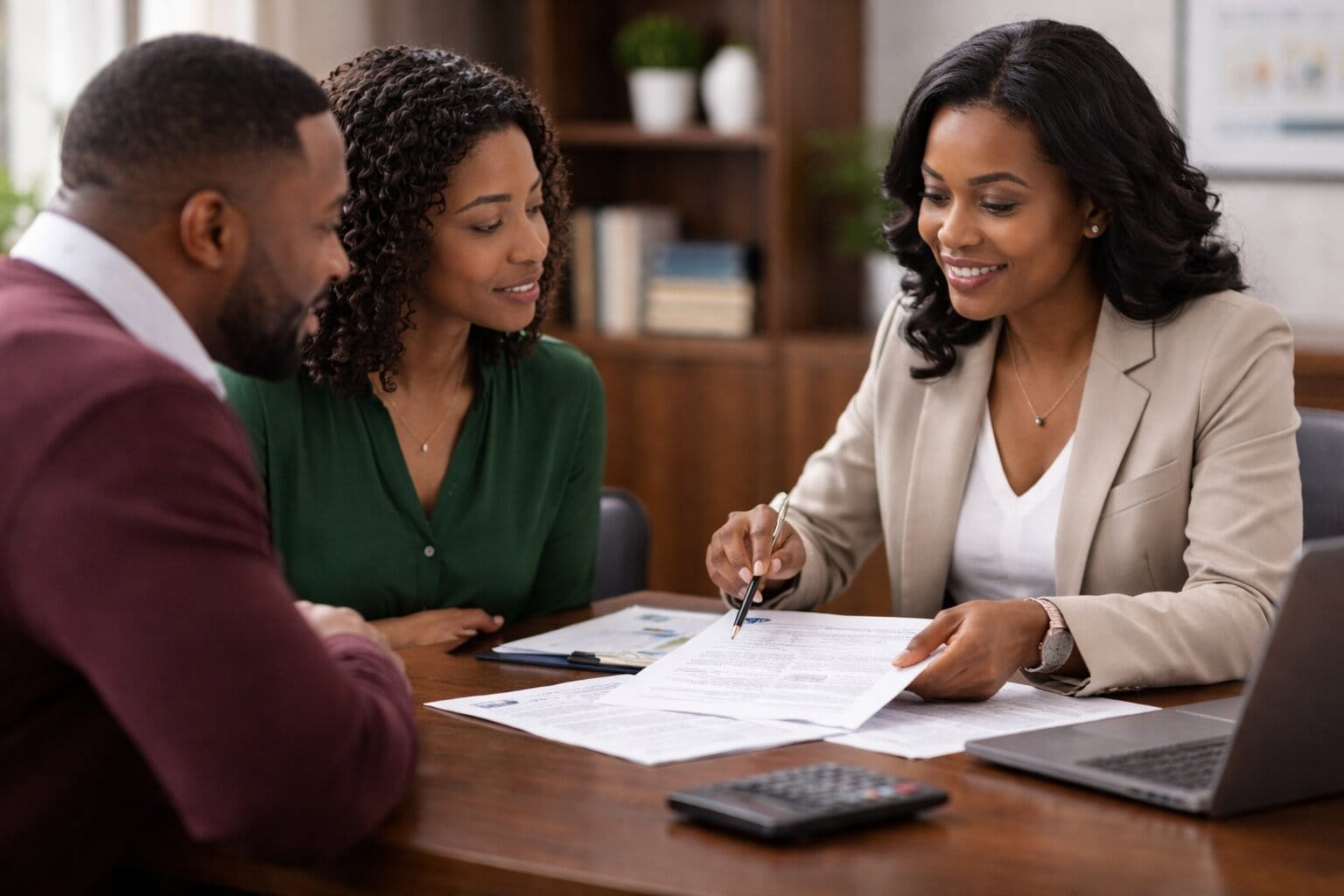 African American tax professional meeting with clients to review tax resolution options and financial documents.