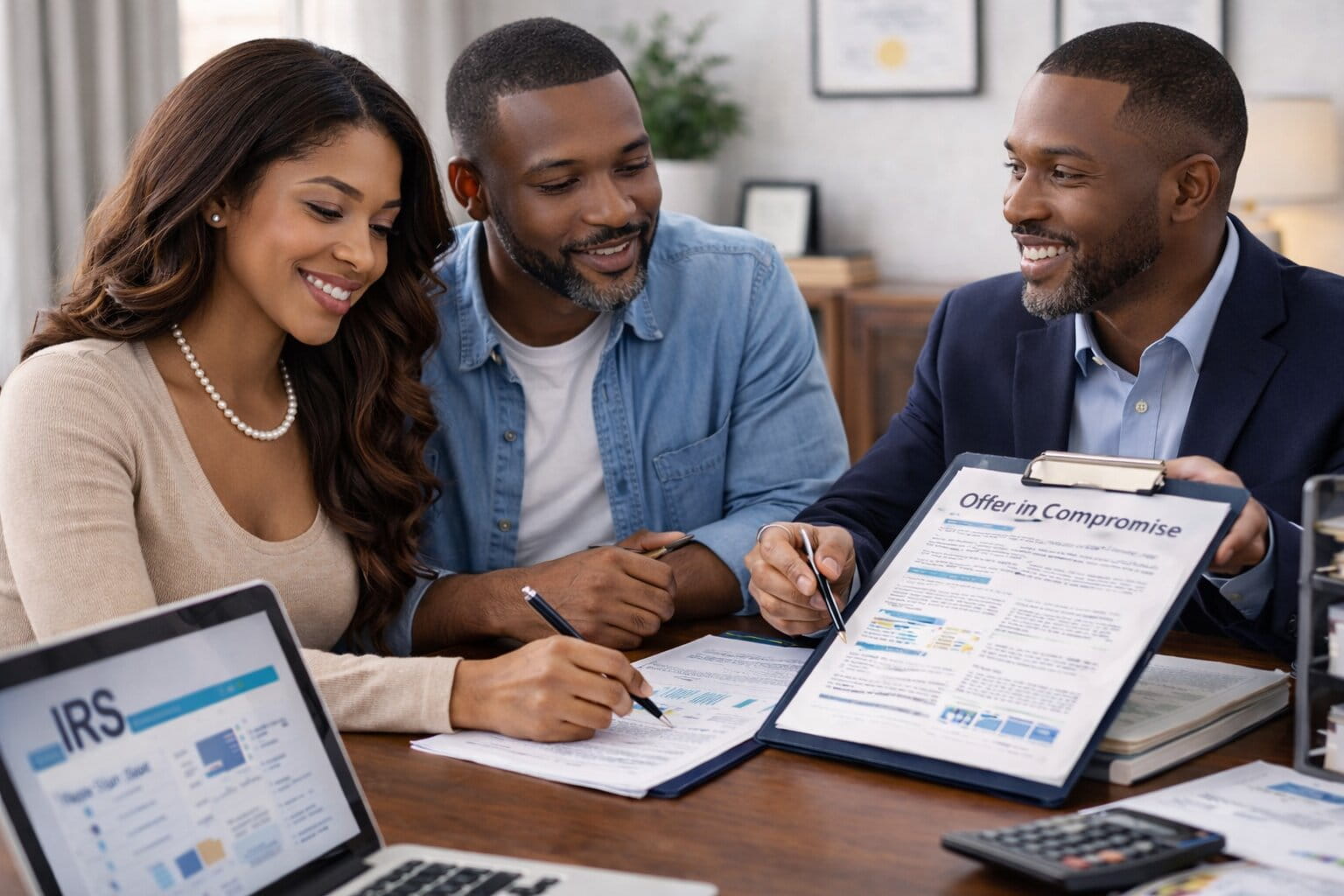 African American couple meeting with tax professional to review financial information for offer in compromise consideration.