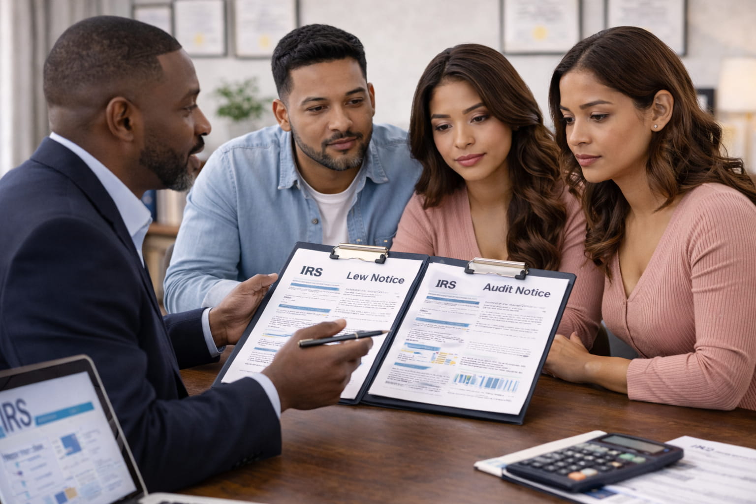 Latina couple meeting with tax professional to discuss IRS lien or levy notice.