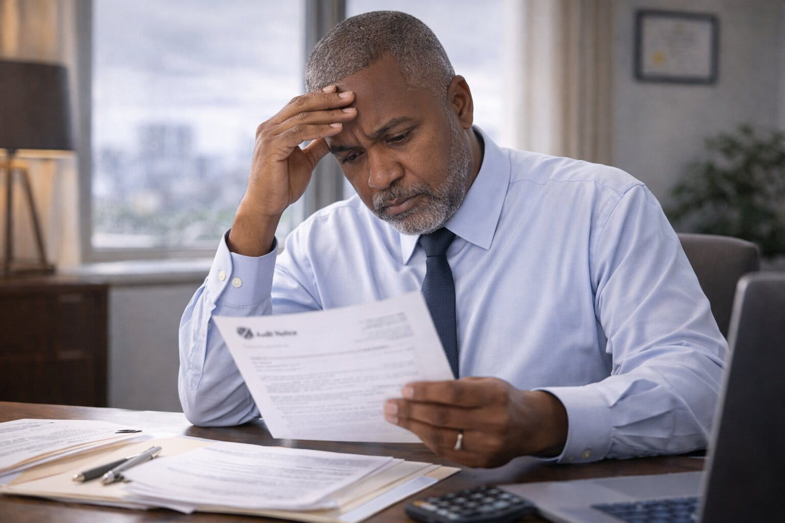 Tax professional meeting with clients to review records during IRS or state audit representation.