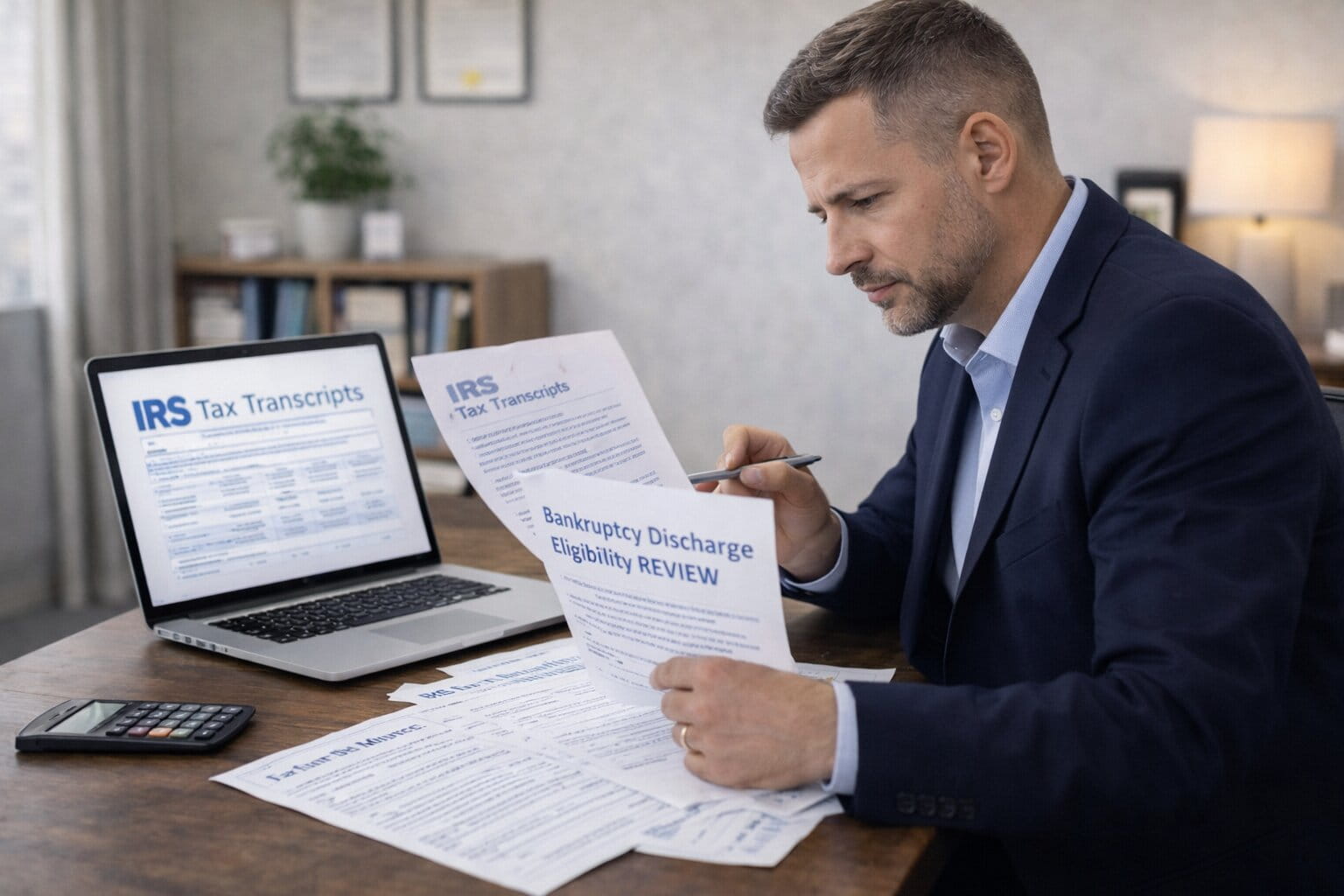 Tax professional reviewing IRS transcripts and financial records for bankruptcy tax discharge evaluation.
