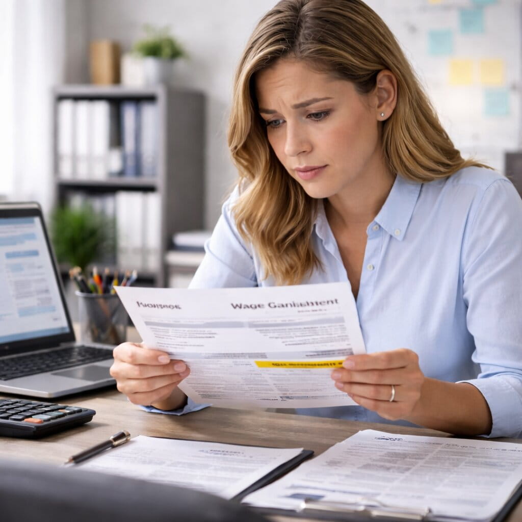 Professional reviewing paycheck after discovering wage garnishment deduction.